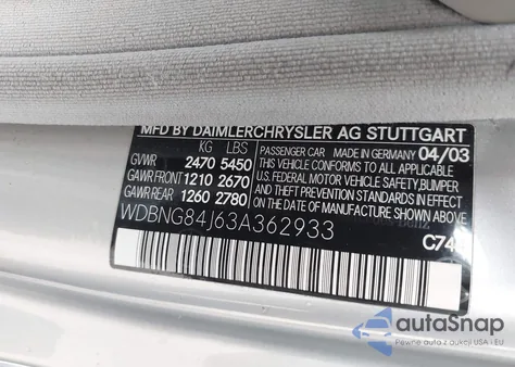 2003 Mercedes-Benz S 500 from USA, damaged, VIN WDBNG84J63A362933